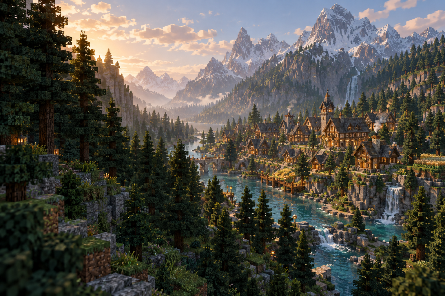Hearthwood's original block-style mountain valley artwork